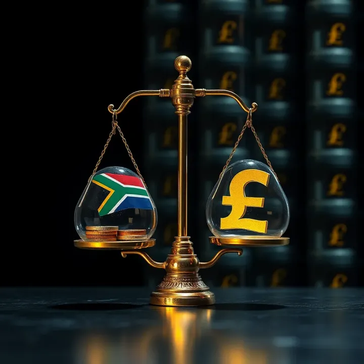 Conceptual graphic depicting risk and reward balance with South African currency symbols
