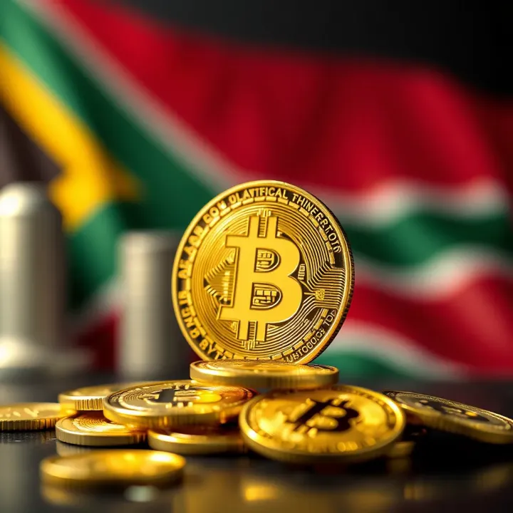 Conceptual illustration of digital currency icons integrated with a South African flag backdrop