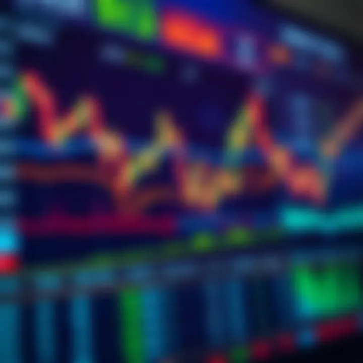 Illustration of a digital trading platform interface showing charts, graphs, and market indicators