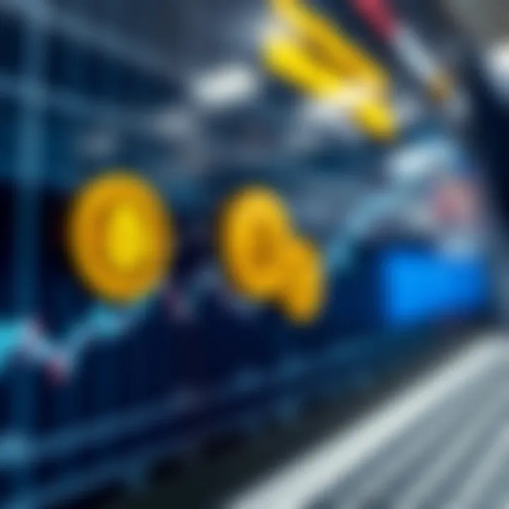 Graph showing cryptocurrency market trends with digital coin symbols