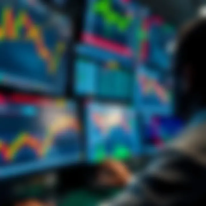 Close-up of financial charts and currency exchange rates on multiple screens