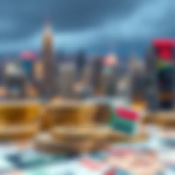 Illustration of economic indicators and global events influencing currency market fluctuations between NZD and ZAR