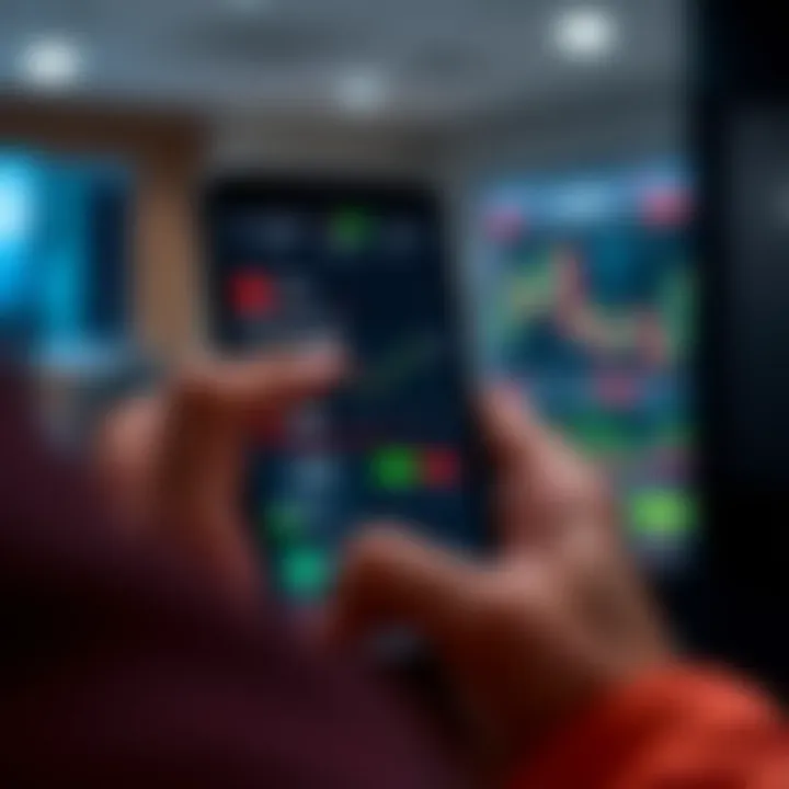 User navigating forex trading app showing risk management tools and trading alerts on a mobile device