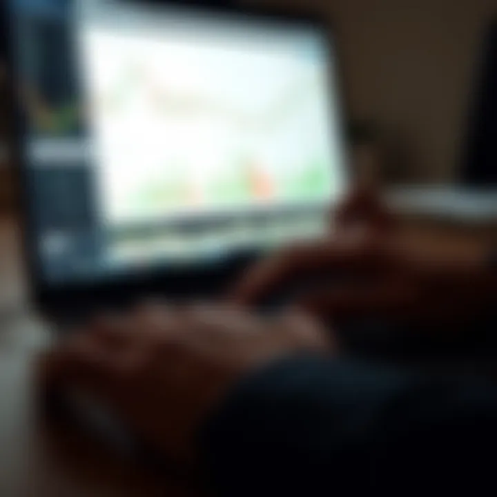 Close-up of hands using a laptop with forex trading charts and risk management graphs