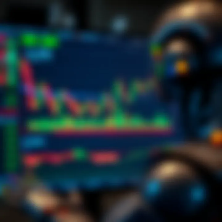 Graph illustrating forex trading robot strategies with market indicators and performance data on screen