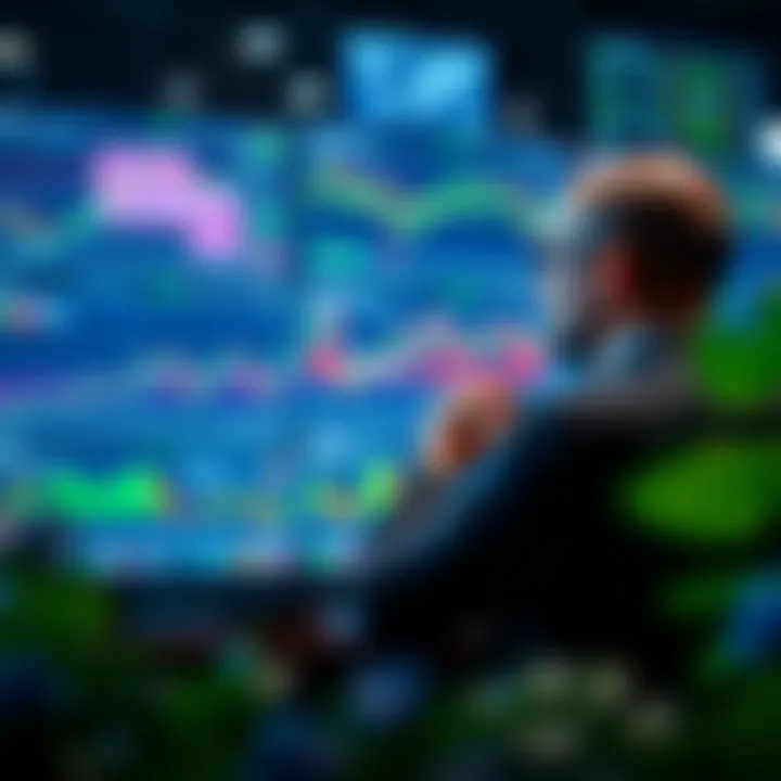 Trader analyzing multiple digital charts displaying trading performance and market trends