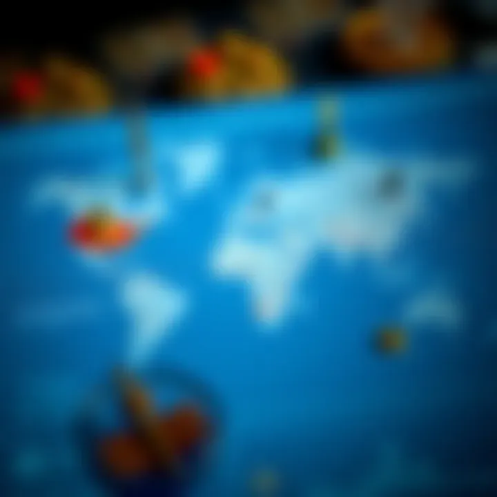 Map highlighting geopolitical regions impacting currency exchange with symbols of financial markets