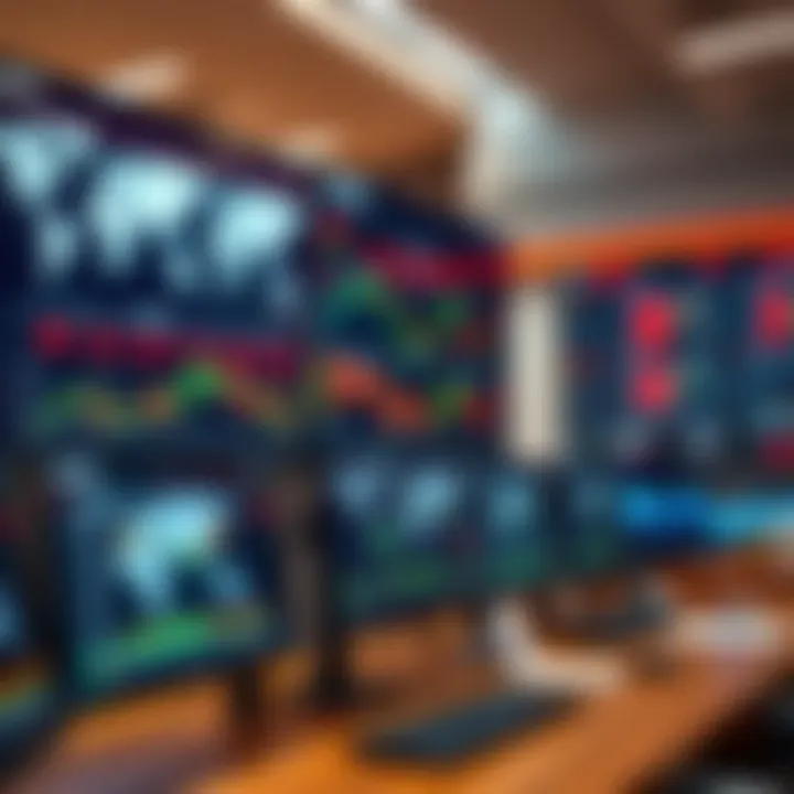 Close-up of a trading desk featuring multiple monitors displaying global stock exchanges and currency markets