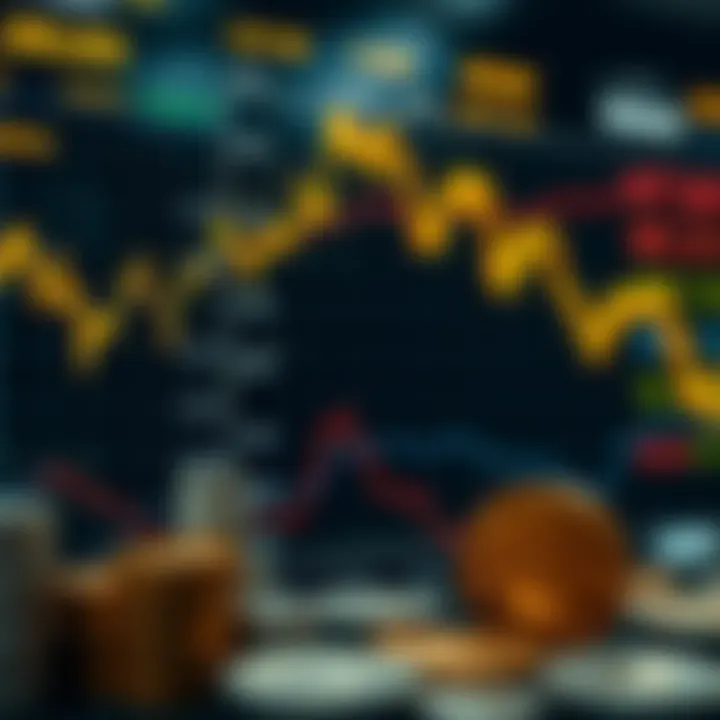 Fluctuating gold price chart with economic indicators and currency symbols