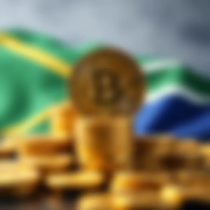 Visualization of Bitcoin coins stacked with the South African flag in the background symbolizing cryptocurrency wealth in South Africa