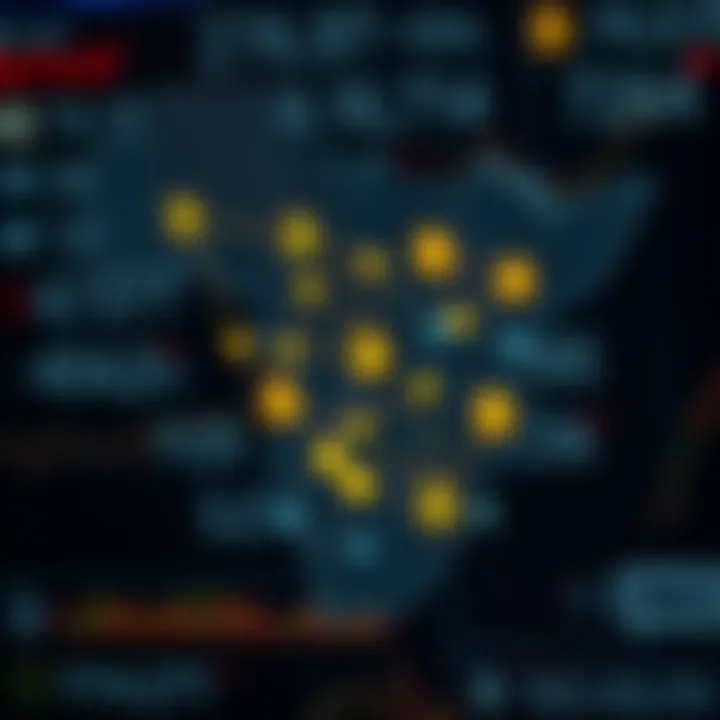 Graphic showing a digital map of South Africa with blockchain nodes and cryptocurrency symbols illustrating local market trends and regulatory landscape