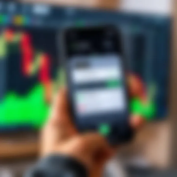 Mobile phone displaying IQ Option app with trading dashboard and account options