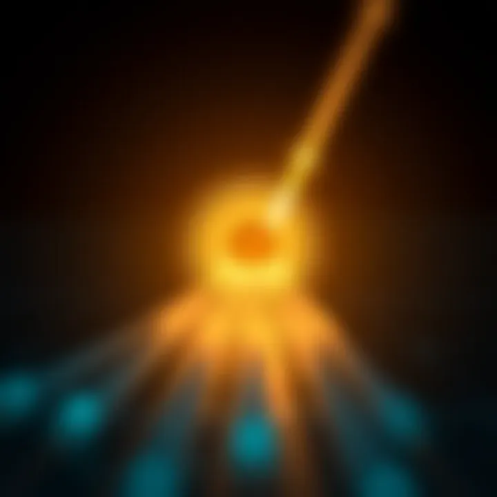 Light Transmission in Optical Fiber with Refractive Boundaries Diagram illustrating light propagation through a fiber optic cable with clear boundaries between core and cladding