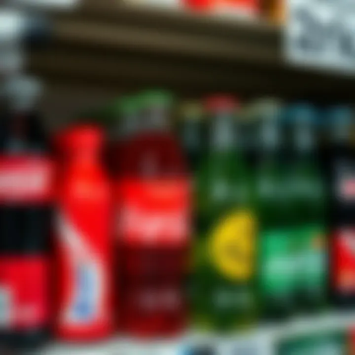 Various beverage bottles from major competing brands displayed on a shelf