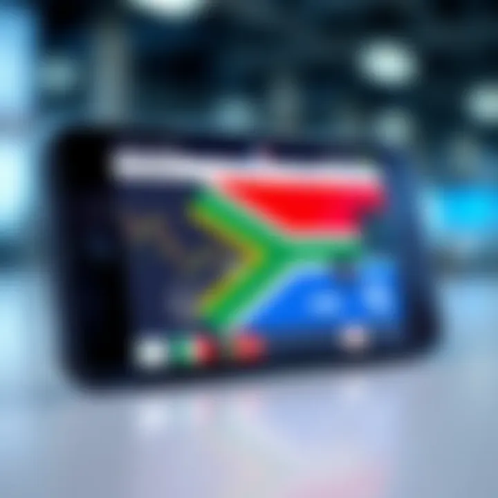 Key Factors for Using Mobile Trading Robots in South Africa Illustration of a mobile device displaying trading software with connectivity icons and regulatory symbols representing South African market considerations