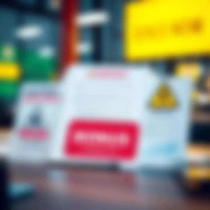 Visual representation of bonus conditions and risk awareness with caution signs and contract documents