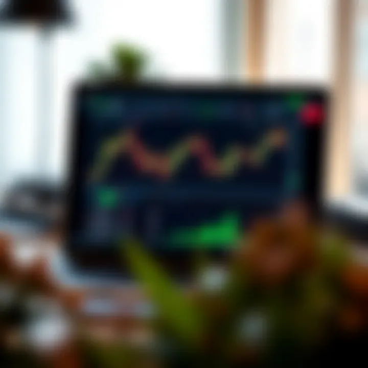 Illustration of a laptop screen showing forex trading platform interface with graphs and trade options