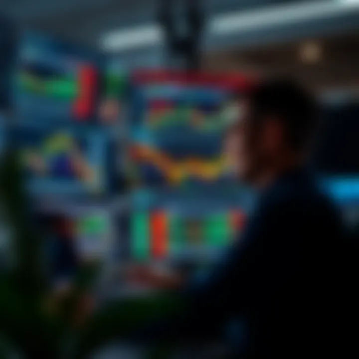 Trader analyzing multiple charts and trading data on computer screens