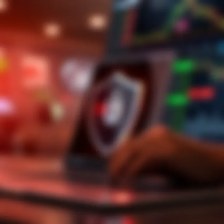 Visual representation of secure online trading with shield and digital currency icons