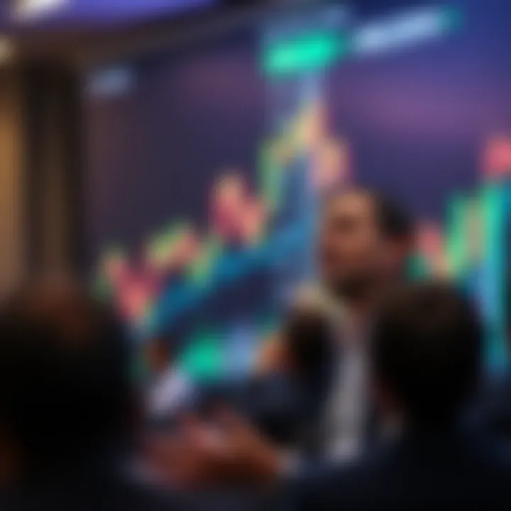 Ran Neuner speaking at a cryptocurrency conference with a digital currency chart in the background