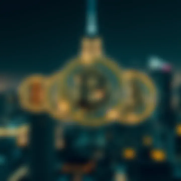 Graphic representation of digital currency symbols with a futuristic cityscape in the background