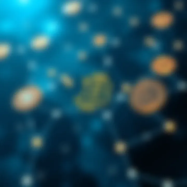 Illustration of cryptocurrency blockchain network with digital currency icons