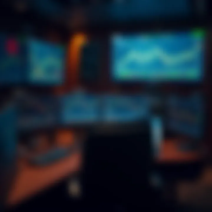 Luxurious office setup with multiple monitors displaying forex trading charts and financial data