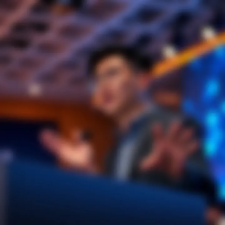 Samson Mow delivering a keynote speech at a blockchain conference with a futuristic digital backdrop