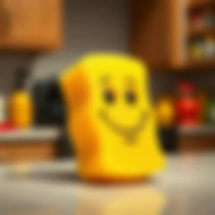 Bright yellow sponge with a smiling face design on a clean kitchen countertop