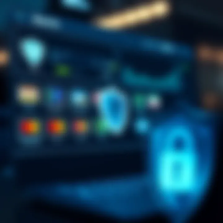 Secure online transaction with icons representing multiple payment methods and security shield