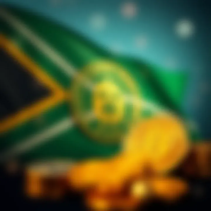 South African flag alongside digital currency symbols representing cryptocurrency investment