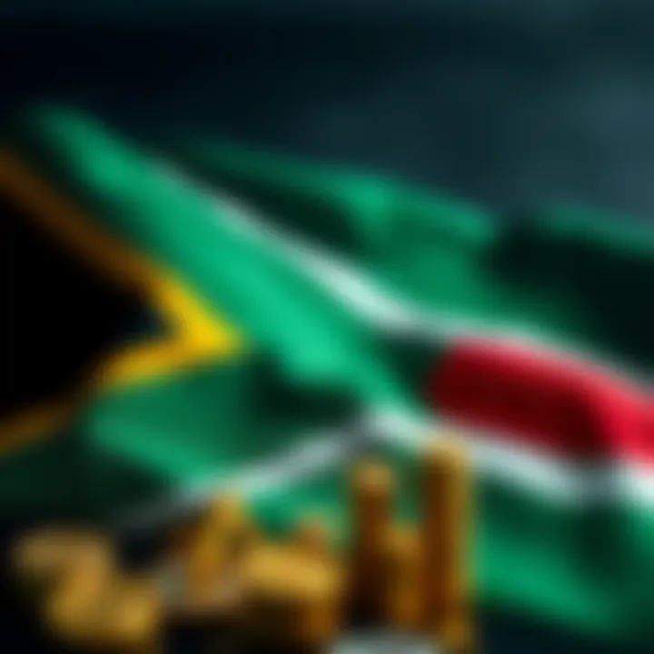 South African flag with financial symbols representing diverse trading assets and investment options