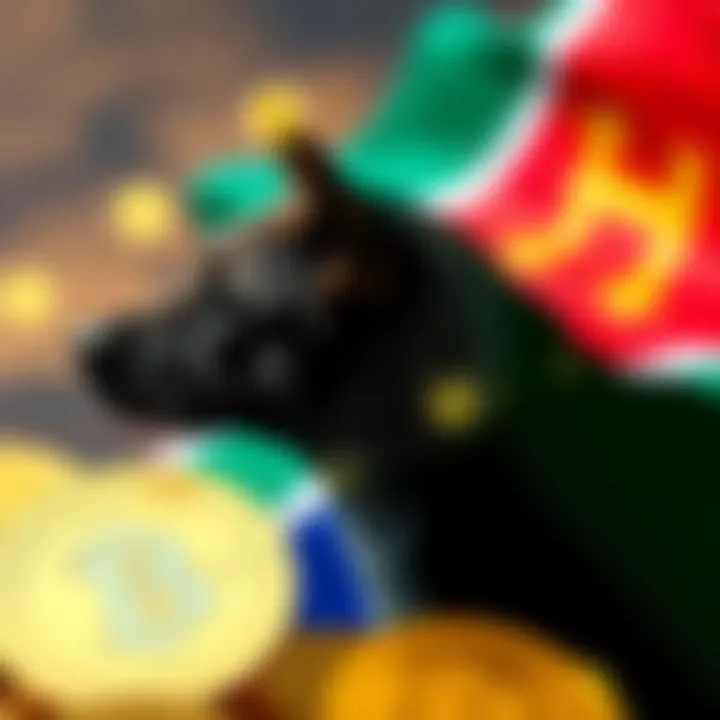 Illustration of South African flag integrated with cryptocurrency symbols representing Dogecoin investment opportunities