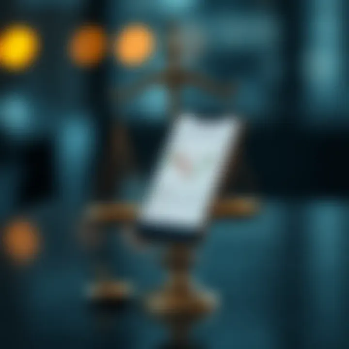 Illustration of legal scales balancing with a mobile phone displaying trading regulations