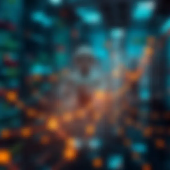 Graphic representation of a Dollar Bot interacting with digital data streams in a financial network