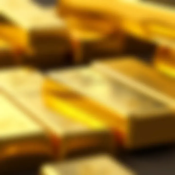 Close-up of gold bars stacked with reflective surfaces showcasing their value as investment assets
