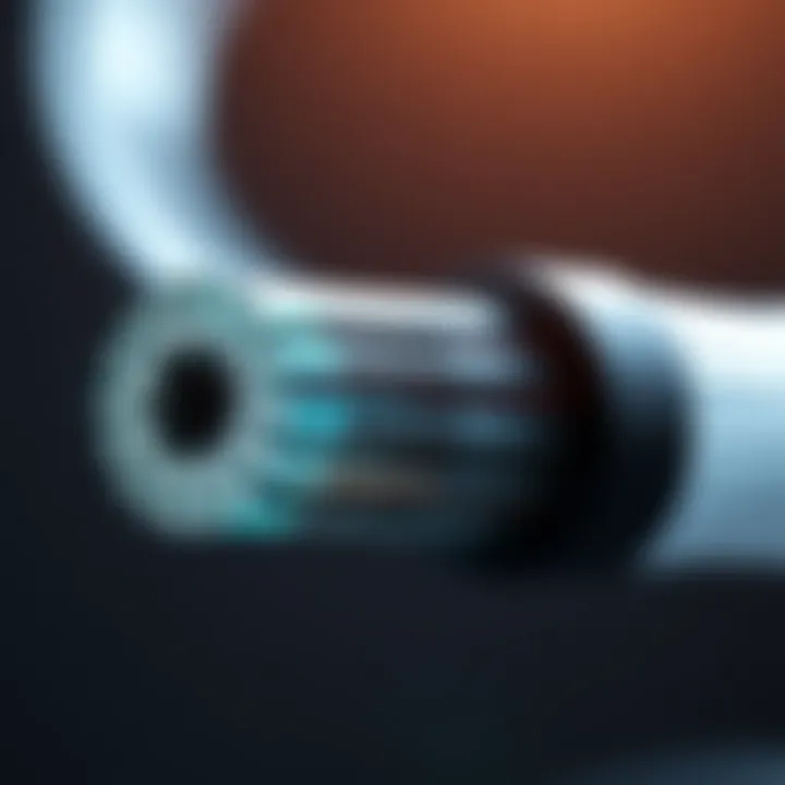 Cross-sectional view of a fiber optic cable showing distinct core and cladding layers with different refractive indices