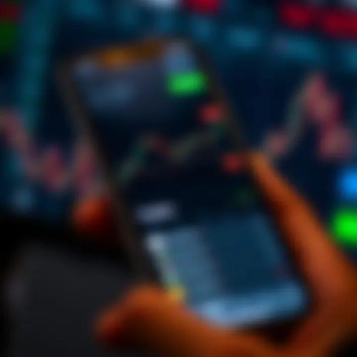 Smartphone displaying a mobile trading app interface with charts and asset options