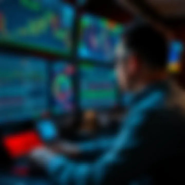 Illustration of a trader analyzing multiple financial charts and data on computer screens