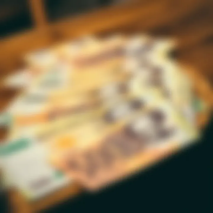 Close-up of South African currency notes spread out on a wooden table