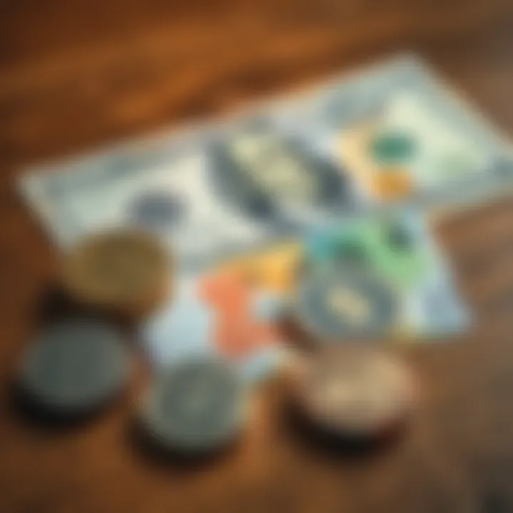 South African rand coins and banknotes arranged with a US dollar bill on a wooden surface
