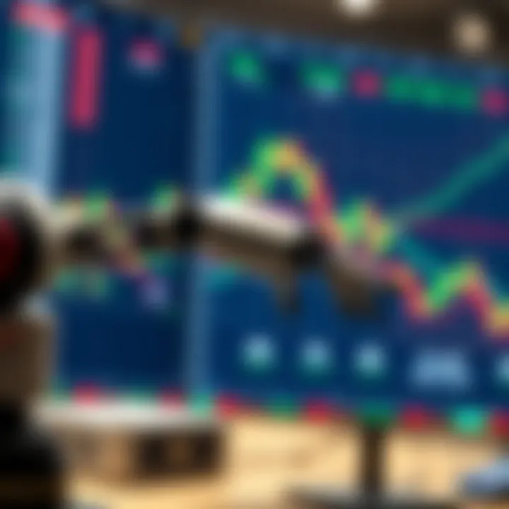 Robotic arm analyzing forex trading charts with digital currency symbols in background