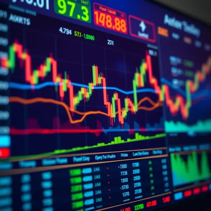 Illustration of a digital trading platform interface showing charts, graphs, and market indicators
