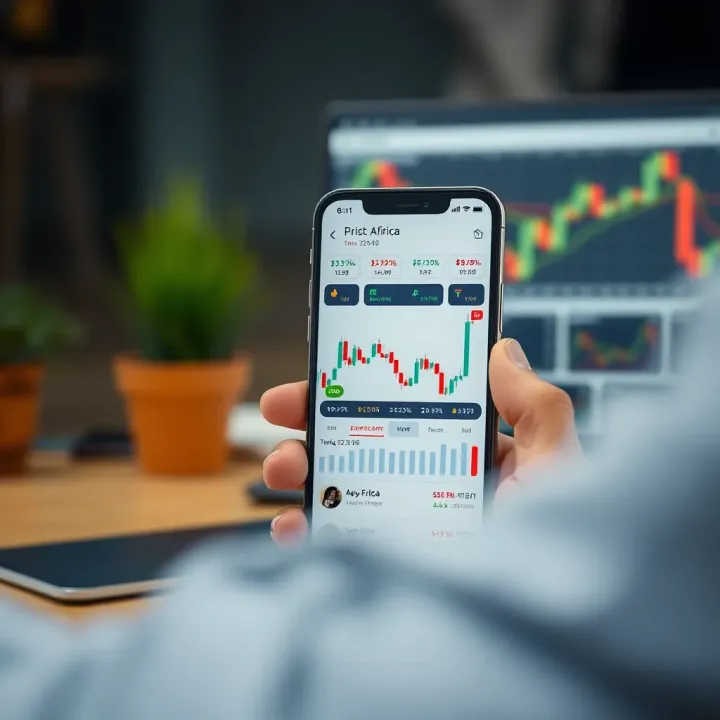 A smartphone displaying a South African trading app with charts and market data