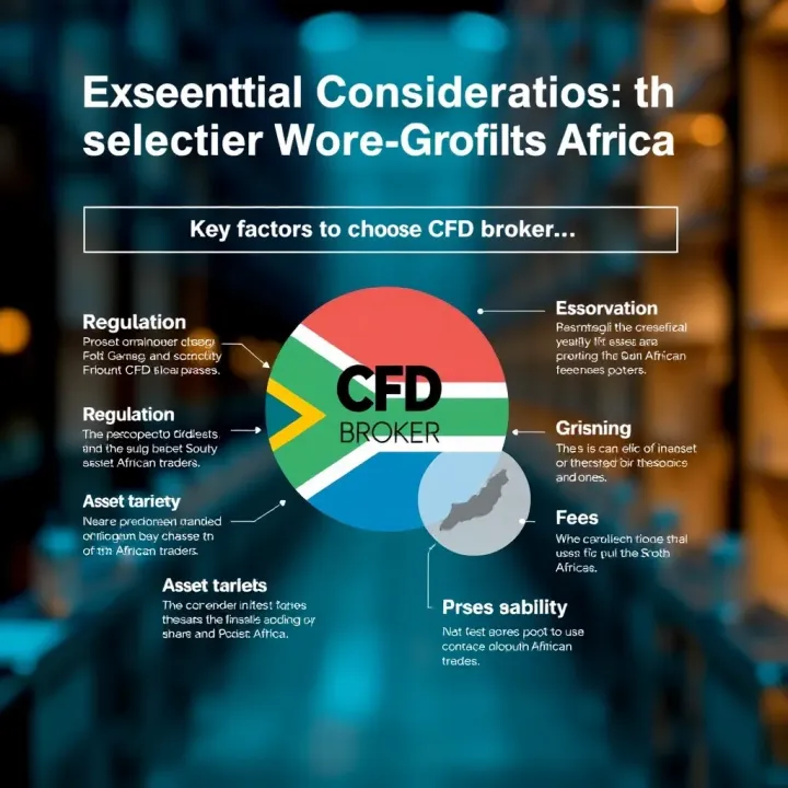 Diagram outlining key factors for choosing a CFD broker, including regulation, fees, and asset variety tailored for South African traders