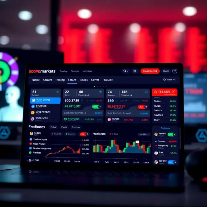 Dashboard screenshot showing account types and trading features on Scope Markets