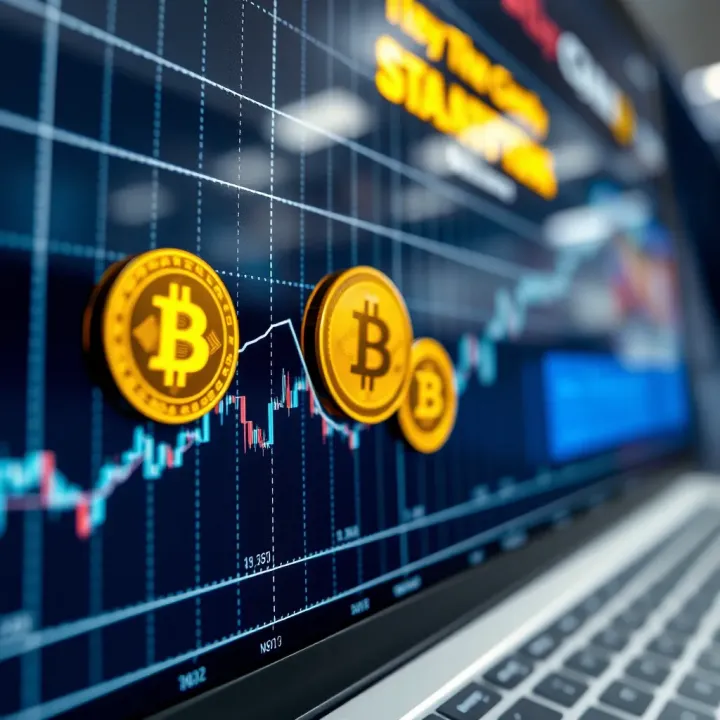 Graph showing cryptocurrency market trends with digital coin symbols
