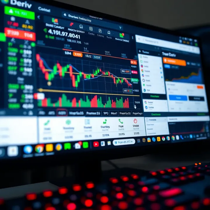 Deriv app interface displayed on a computer screen showing trading charts and options