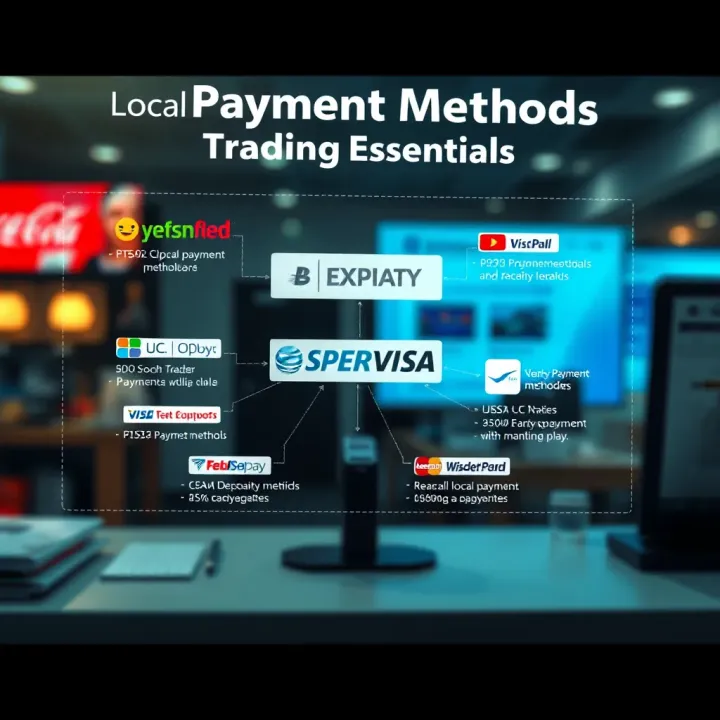 Diagram showing supported local payment methods and trading essentials on Expert Option