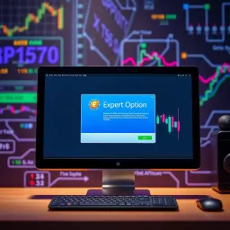 Desktop computer with Expert Option installation window on screen against a tech-themed background